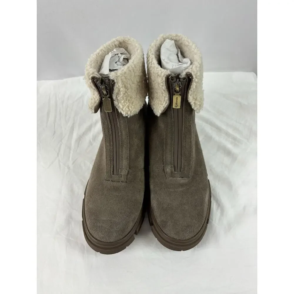 Blondo Plaza Suede Ankle Boots Taupe Tan Sheepskin 8 Zip Up Lug Sole